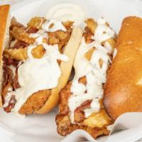 Go Johnny Go Sandwich · Chicken cutlet, melted Mozzarella, bacon, spicy fries and ranch dressing.