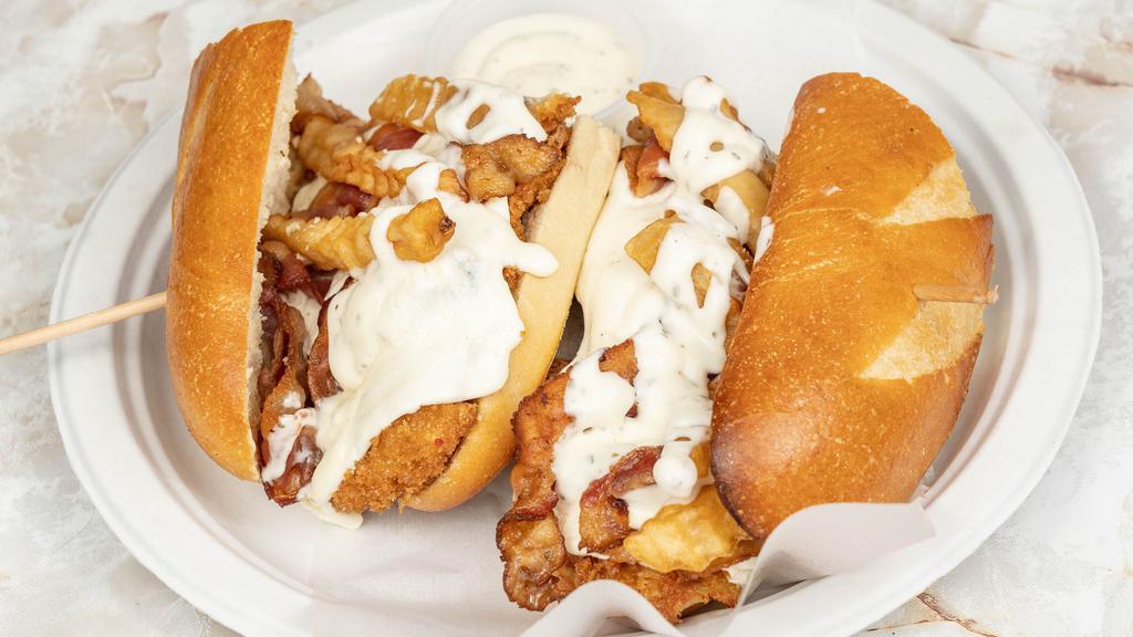 Go Johnny Go Sandwich · Chicken cutlet, melted Mozzarella, bacon, spicy fries and ranch dressing.