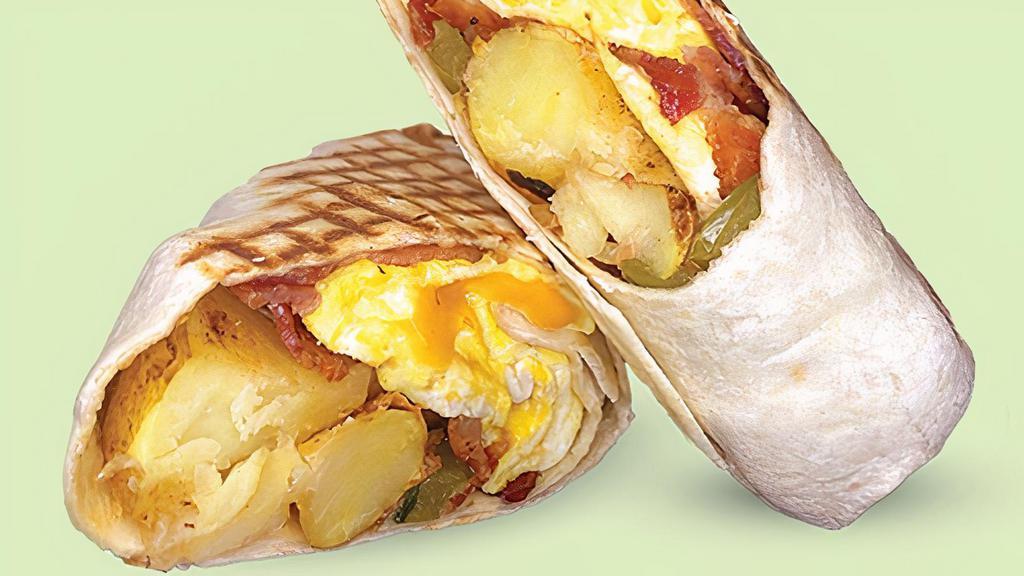 Good Morning Wrap · Scrambled eggs, bacon, cheddar cheese, home fries.