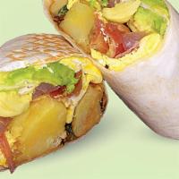 Breakfast Burrito · Scrambled eggs, home fries, bacon, avocado, pickled onion, salsa.