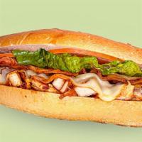 Grilled Chicken Club Sandwich · Bacon, muenster cheese, lettuce, tomato, honey mustard on sliced multigrain bread.