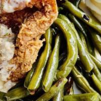 Country Fried Chicken · Organic Half Chicken, Garlic Green Beans, Country Gravy, Mashed Potatoes.