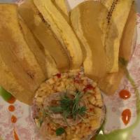 Yellowfin Tuna Tartare · Gluten-free. Habanero aioli, mango relish, crispy shallots, plantain chips