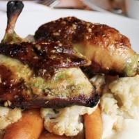 Organic Roasted Chicken · Gluten-free. Truffled parsnip puree, cauliflower, baby carrots