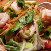 Shrimp Salad · Grilled shrimp with onion, tomato, cucumber, lemon juice, Thai herbs and chili.