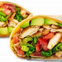 California Wrap · Served with grilled chicken, red onions, lettuce, tomato, and avocado.
