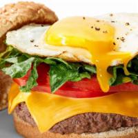 Super Texas Burger · 7oz Beef Burger with Fried Egg, Romaine Lettuce & Tomatoes.