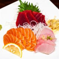 Tuna, Salmon, & Yellowtail Sashimi Dinner · Seven pieces of each tuna, salmon, and yellowtail. Total of 21 pieces.