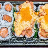 Volcano Roll · Favorite. Salmon roll topped with spicy tuna, tempura crunch, caviar. Raw.