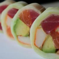Naruto Roll (No Rice) · salmon, tuna, kani, & avocado, wrapped in cucumber