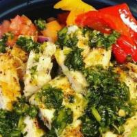 Basque Burrito Bowl · chimichurri chicken, orange rice, roasted peppers and corn, black beans, avocado, pico de ga...