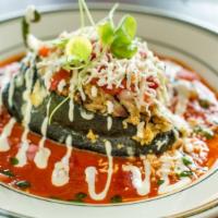 Chile Relleno · Dairy. Roasted poblano pepper filled with quinoa, mushrooms and kale, Oaxaca cheese, crema, ...