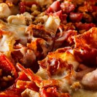 Meat Lovers · mozzarella, tomato sauce, meatballs, pepperoni, hot sausage, bacon