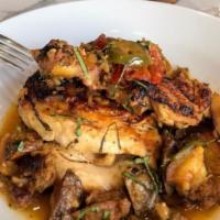 Chicken Scarpariello · Roasted half chicken, sausage, hot cherry peppers, fingerling potatoes, served in a white wi...