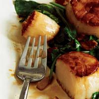Seared Scallops & Risotto · perfectly seared diver sea scallops, served with parmesan risotto and sauteed spinach