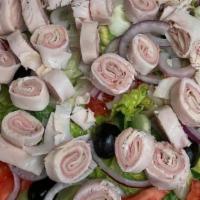 Chef Salad (Large) · Iceberg & romaine lettuce, tomatoes, onions, black olives & cucumbers, roast beef, turkey & ...