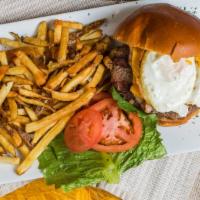 Choripan Burger With Fries · Bacon, egg, and American cheese.