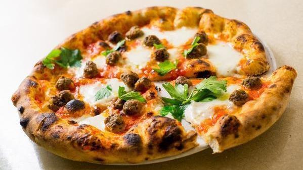 Pizza Polpettine · Baby meatballs, tomato, mozzarella and fresh sage.