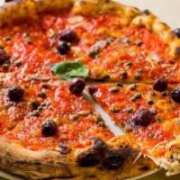 Pizza Napoletana · Vine ripe tomatoes, sliced garlic, oregano, capers, olives and Sicilian salted anchovies.
