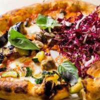Pizza Ortolana · Zucchini, eggplant, mozzarella, mushrooms and radicchio.