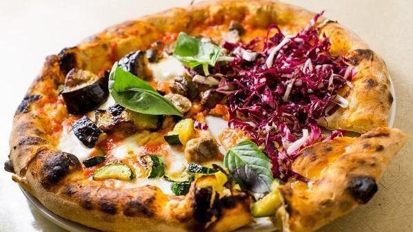 Pizza Ortolana · Zucchini, eggplant, mozzarella, mushrooms and radicchio.