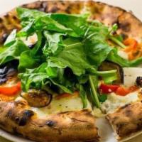 Goat Cheese Pizza · Mozzarella, goat cheese, roasted peppers, roasted eggplant, and arugula.