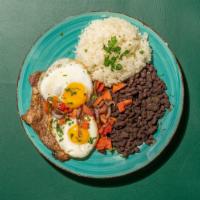 Steak And Eggs · Sirloin steak grilled and topped with eggs any style, served with white rice, beans and plan...