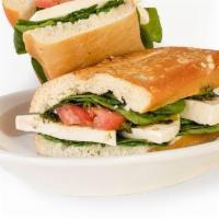 Fresh Mozzarella Sandwich · fresh mozzarella, tomato, basil pesto and spinach on rustic french bread