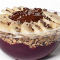 The Perch · Almond milk, acai berry puree, fresh banana, Nutella and cocoa nibs topped with granola, fre...