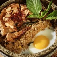 Chashu Stone Pot · Crispy chashu, basil fried rice, egg.