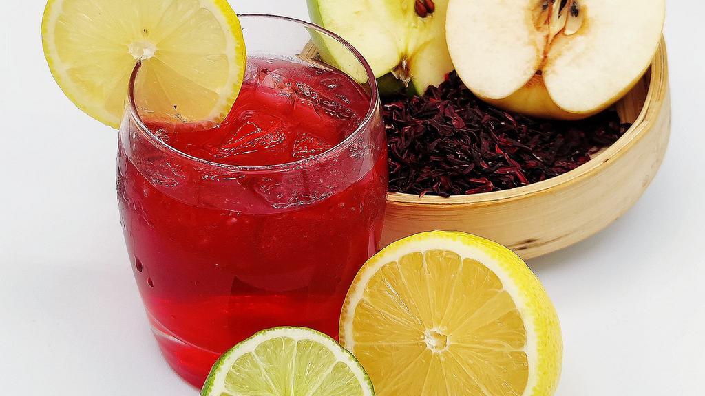 Cold Brew Hibiscus Tea · Organic hibiscus flower cold brew with apple, pear, lemon. Slightly sweet.