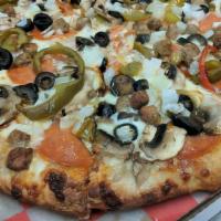 Goody 2 Shoes Special Pizza · Mozzarella, pepperoni, mushrooms, onions, sweet peppers, Italian sausage and olives.