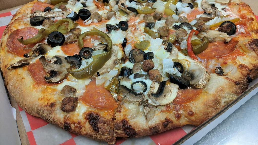 Goody 2 Shoes Special Pizza · Mozzarella, pepperoni, mushrooms, onions, sweet peppers, Italian sausage and olives.