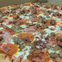 Meat Lover'S Pizza · Ham, Italian sausage, bacon, pepperoni and meatballs over a bed of mozzarella.