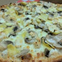 Sandi Special Pizza · Thin crust white pizza topped with mushrooms, artichokes, chicken and Romano cheese.