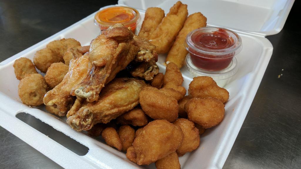 Shoe Shoe Platter · 5 chicken wings, deep fried mushrooms, 3 mozzarella sticks and deep fried cauliflower. Served with side sauces and bleu cheese.