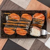 Spam Musubi · Popular Hawaiian snack, spam, and rice wrapped in nori with sesame seasoning and sweet and t...