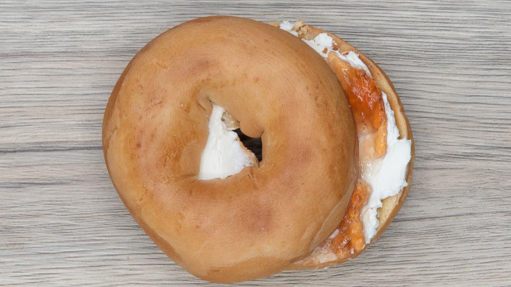 Fresh Bagel With Cream Cheese And Jelly & Jelly · Customer's choice of fresh bagel. Served in customer's preference of style with a side of cream cheese and jelly.