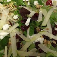 Ballerina Salad · Mixed Organic Greens, Goat Cheese, Dried Cranberries, Granny Smith Apples, Walnuts and Balsa...