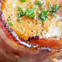 Bacon Wrapped Scallops · Five bacon-wrapped jumbo sea scallops, horseradish-dijon aioli.
