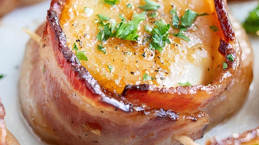 Bacon Wrapped Scallops · Five bacon-wrapped jumbo sea scallops, horseradish-dijon aioli.