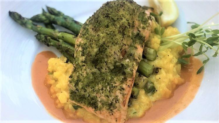 Crab Stuffed Salmon · Oven-roasted fresh Canadian salmon stuffed with jumbo lump crabmeat. Served with saffron-flavored risotto, grilled asparagus, and a shrimp and lobster chive velouté.