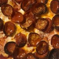 Pepperoni Pizza · Pizza sauce, whole milk mozzarella cheese, pepperoni and parmesan cheese.