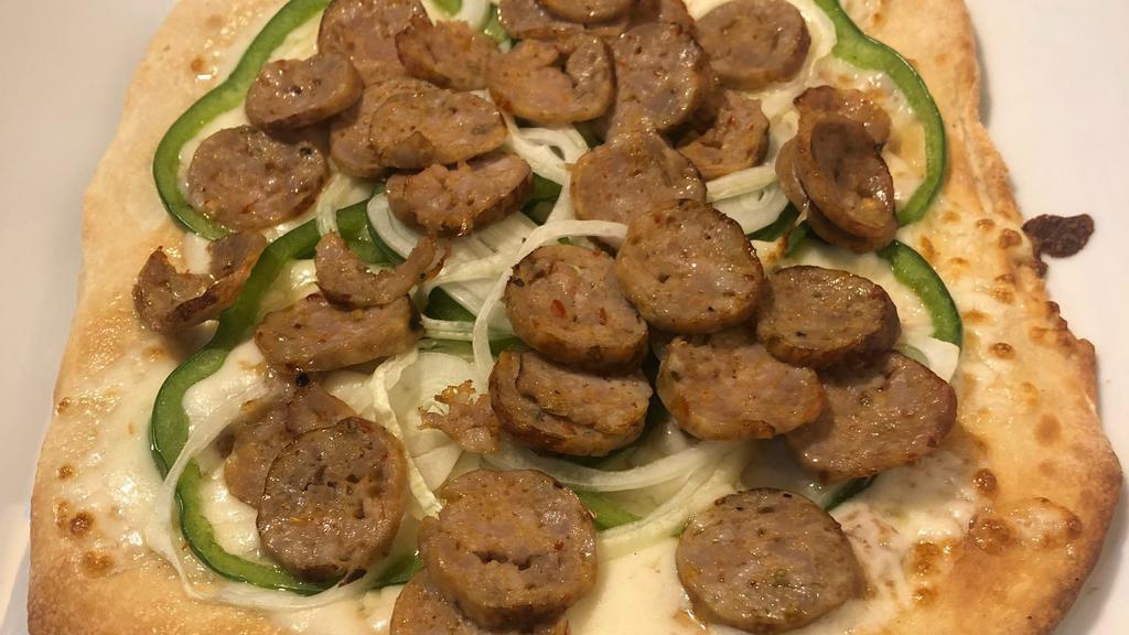 Sausage · Gianelli Italian sausage, whole milk mozzarella cheese, fresh sliced green peppers and onions.