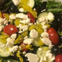 Greek · Mixed greens, pepperoncini, black olives, cucumbers, grape tomatoes, feta cheese and Italian...