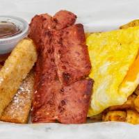 Hungry Man · Choice of meat, two eggs, mozzarella cheese, home fries and four pieces of Cinnamon French T...