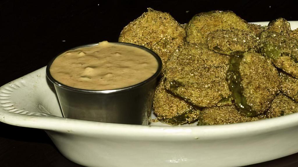Fried Pickles · Gluten-free, dairy-free. Sliced dill pickles, dusted with seasoned cornmeal, fried crisp, served with Mara's remoulade sauce.