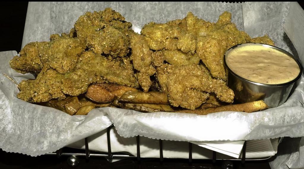 Fried Fish Basket · Gluten-free, dairy-free. Hand-cut French fries with choice of cornmeal dusted and fried: shrimp, oyster or catfish. Served with Mara's remoulade sauce.
