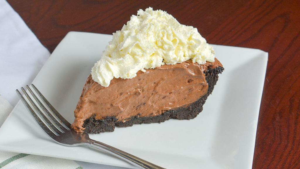 Chocolate Cream Pie · Dairy, egg, wheat, soy, and vegetarian. An oreo cookie crust filled with dark chocolate mousse, topped with freshly whipped cream.
