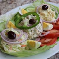 Tuna Salad Platter · Served with coleslaw, potato salad with hard boiled egg.
